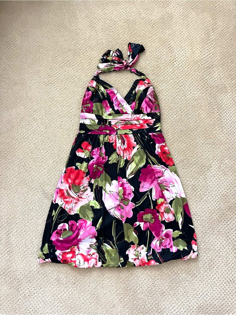 Trixxi Vintage Black and Hot Pink Floral Tie neck Halter Minidress size S